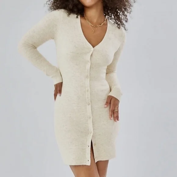 NWT, Aritzia Wilfred, Button Front Mini Cardigan Dress, Heather Gold Camel, L - Picture 14 of 16